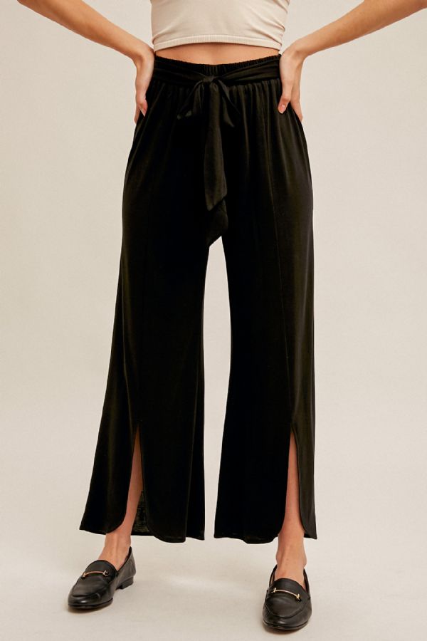 Tie Front Slit Detail Wide Leg Pants