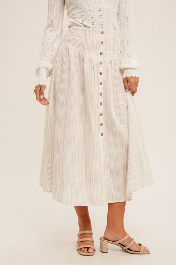 Button Front Striped Midi Skirt